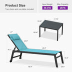 PURPLE LEAF Outdoor Oversized Lounge Chair Set of 3 Patio Chaise Pool Lounger Aluminum Frame with Side Table and Wheels for Outside Sunbathing Tanning Recliner Including Pillows Turquoise Blue