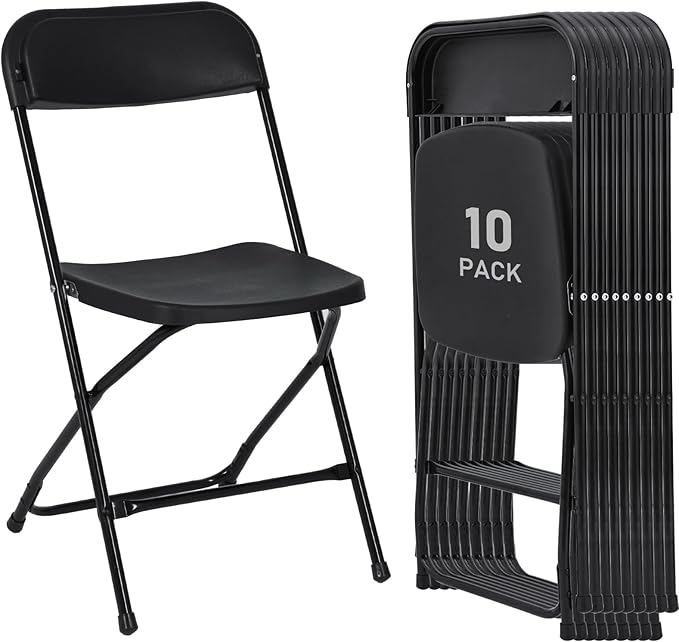 10 Pack Plastic Folding Chairs, Portable Stackable Commercial Seat Folding Chairs with Steel Frame 350lbs for Home Office Outdoor Indoor Office Wedding Party Events, Black