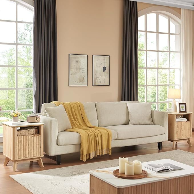 QUW Fluted Nightstands Set of 2 with Charging Station, 18" Modern Side Table, Wooden Bedside Table with Faux Marble Top, Open Storage, Cabinet, End Table for Bedroom, Living Room, Natural Oak