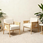 Mid Century Modern Accent Chair Set of 2, Rattan Armchair with Wood Legs Living Room Chair Linen Upholstered Lounge Chair for Bedroom Reading Room, Beige