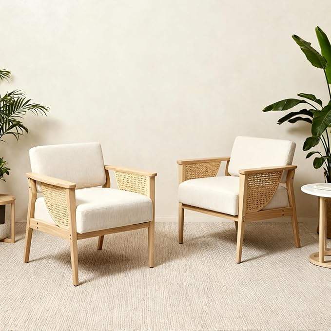 Mid Century Modern Accent Chair Set of 2, Rattan Armchair with Wood Legs Living Room Chair Linen Upholstered Lounge Chair for Bedroom Reading Room, Beige