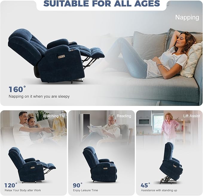 HUSFU Oversized Power Lift Recliner Chairs for Elderly with Massage and Heat, Wide Recliners Chair,Upgraded Chenille Lift Chairs w/Cup Holders, USB & Type-C Ports,Blue,1PC