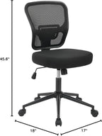 Armless Desk Chair - Height Adjustable, Ergonomic High Back Task Swivel With Wheels, Rolling Office Stool for Small Spaces, Home, Bedroom, Study - Black