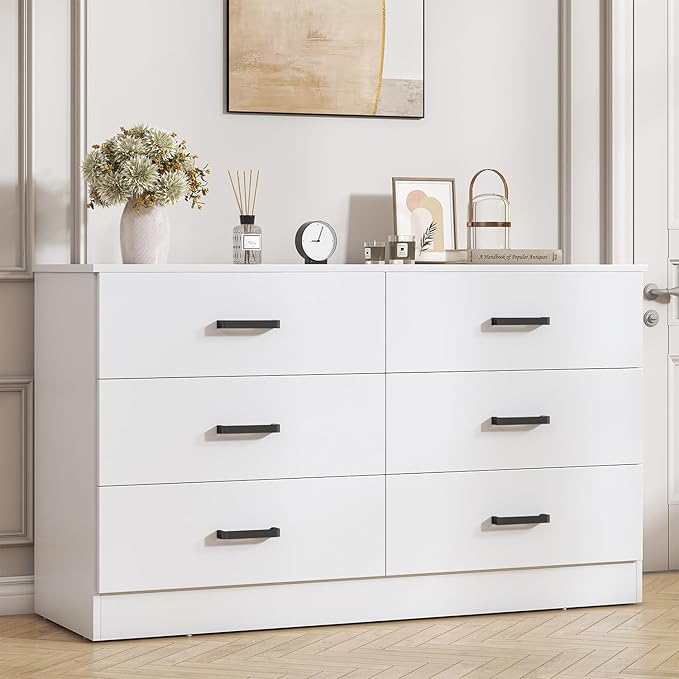 Bigbiglife Wood Dresser for Bedroom, 6 Drawer Double Dresser, Modern Chest of Drawers with Deep Drawers, Large Storage Organizer for Living Room, Closet (White)
