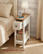 VASAGLE Narrow Side Table with Charging Station, Farmhouse End Table with Storage Drawer, Nightstand, Superfast Toolless Assembly, for Living Room, Bedroom, Honey Brown and Rustic White ULET328W01