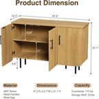 Modern Fluted Natural Storage Cabinet with 3 Doors, Adjustable Shelves, and Metal Legs, Accent Buffet Sideboard for Living Room, Dining Room, Entryway (Natural & Black)