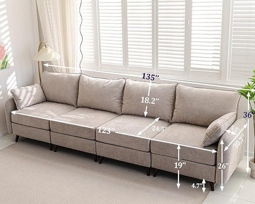 135'' Modular Sectional Sofa with All Seats Storage,Oversized 4-Seater Comfy Cloud Couches with Deep Seat,Big Couch for Living Room,Bedroom,Velet,Khaki