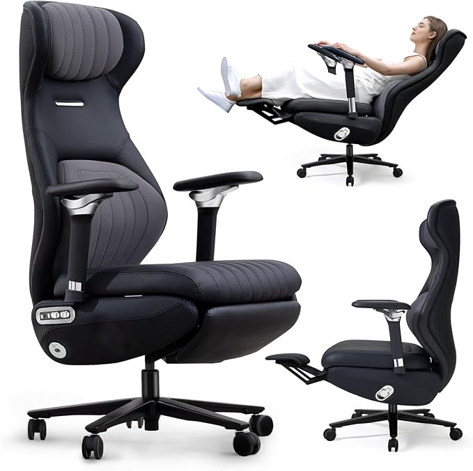 EMIAH Ergonomic Office Chair with Foot Rest Electric Reclining Office Chair with Adjustable Headrest, 8D Coordinated Armrests High Back Computer Chair with Lumbar Support,Sustainable Leather(Black)