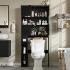 Over The Toilet Storage Cabinet, Farmhouse Storage Cabinet Over Toilet with 4 Barn Doors & Toilet Paper Holder Stand, Black Toilet Shelf Home Space Saver for Restroom, Bathroom, Laundry