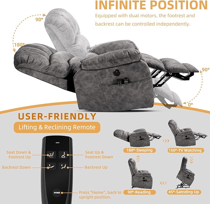 Tall Man Oversized Dual Motor Power Lift Recliner w/Heat Massage, Large Lay Flat Sleeper Electric Recliner with Extended Footrest for Elderly, Lumbar Pillow, USB & Type-C Ports, Plush-Gray
