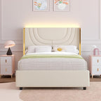 Twin Upholstered Bed Frame with LED Lights, Faux Leather Platform Bed Frame with Silver Wingback Headboard, Modern Style, No Box Spring Needed, Easy Assembly, Cream
