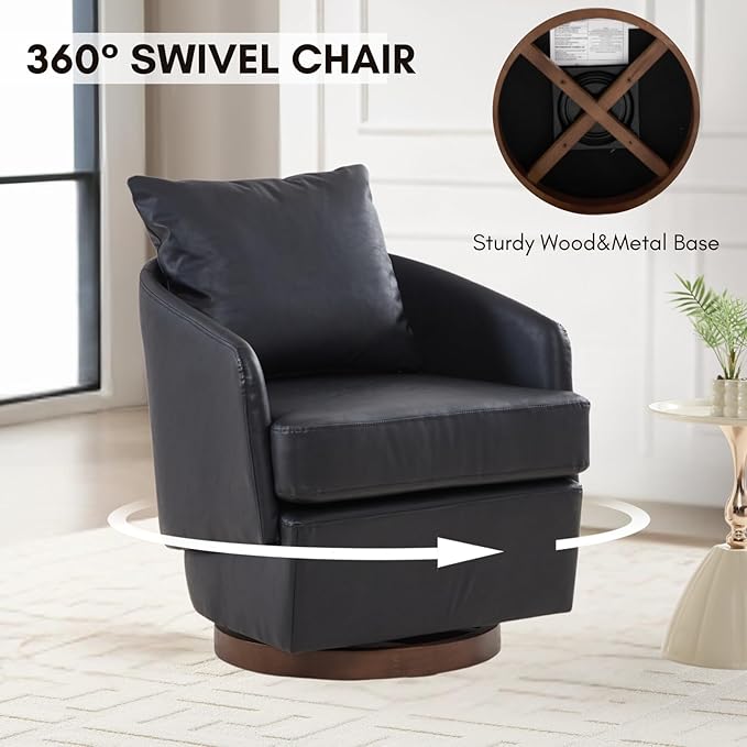 CIMOTA PU Leather Swivel Accent Chair, Modern Barrel Armchair with 360° Swivel Base and Pillow, Upholstered Club Chair for Living Room/Reading/Office, Black
