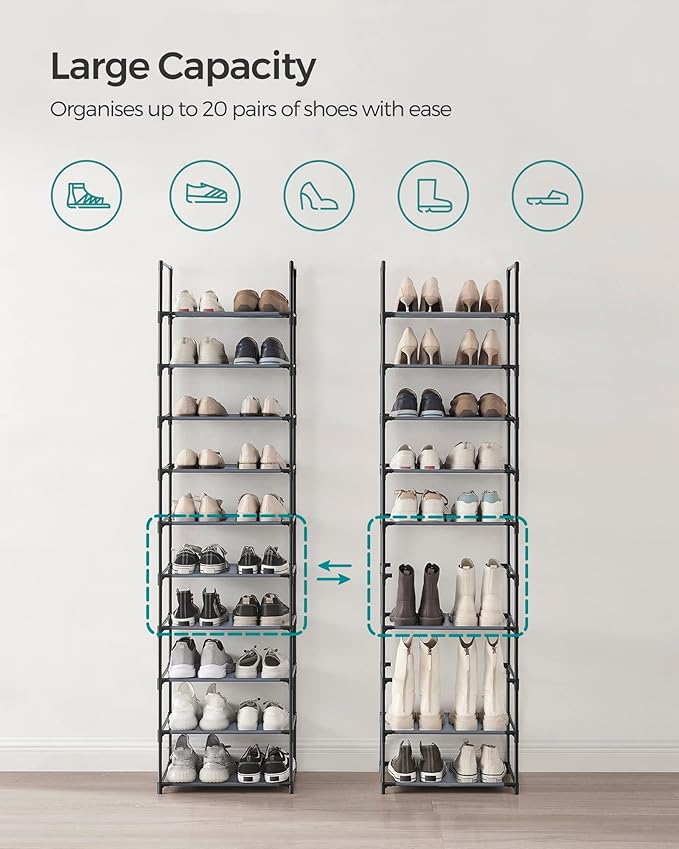 SONGMICS Shoe Rack, 10-Tier Shoe Shelf, Shoe Storage Organizer, 11 x 17.7 x 68 Inches, Metal Frame, Non-Woven Fabric Shelves, for Entryway, Bedroom, Gray ULSH010G01