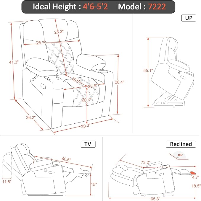 MCombo Small Size Triple Motor Power Lift Recliner Chair Sofa with Massage and Dual Heating, Adjustable Headrest for Elderly People Petite, USB Ports, Extended Footrest, Fabric 7222 (Dark Grey)