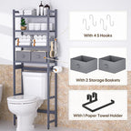 Over The Toilet Storage with 2 Baskets, 4-Tier Bamboo Organizer Rack with Paper Holder & 4 Hooks & Waterproof Feet Pad,Freestanding Shelf for Bathroom(Grey)