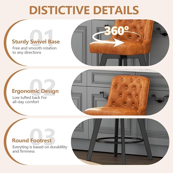 MINCETA Bar Stools Set of 3, PU Leather Barstools, 26 Inch Upholstered Counter Stools with Low Tufted Back and Footrest, Swivel Counter Height Barstools for Kitchen Island Home Bar Brown
