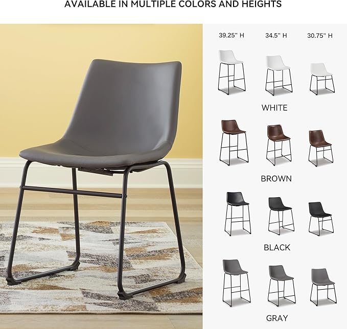 Signature Design by Ashley Centiar Casual Bucket Seat Dining Upholstered Side Chair with Black Metal Base, Set of 2, Faux Leather, 18.75" Seat Height, Gray