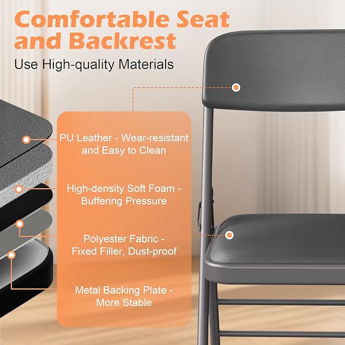 Folding Chairs 4 Pack with Padded Cushion and Back, Metal Folding Chairs with Comfortable Cushion and Durable Steel Frame Capacity for Home, Office, Party and Outdoor Events (PU-Grey, 4 Pack)