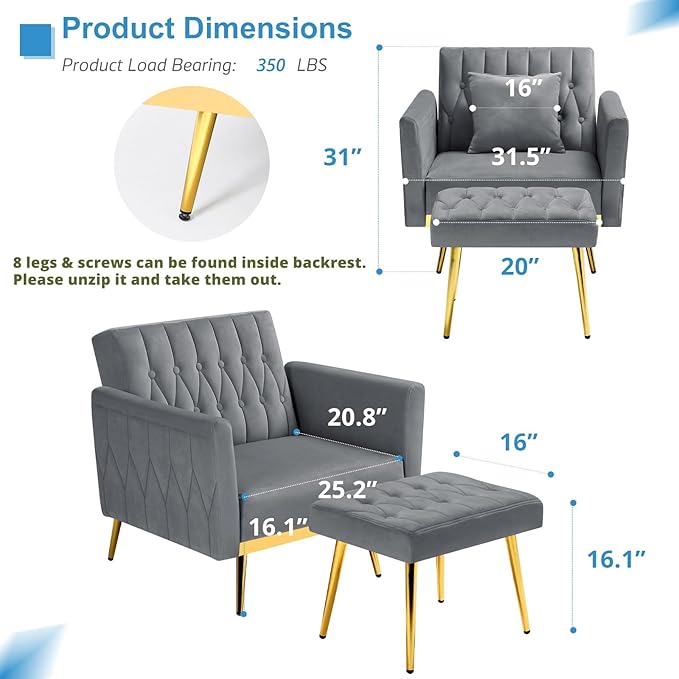 Velvet Accent Chair with Adjustable Armrests and Backrest, Button Tufted Lounge Chair, Single Recliner Armchair with Ottoman and Pillow for Living Room, Bedroom, Grey
