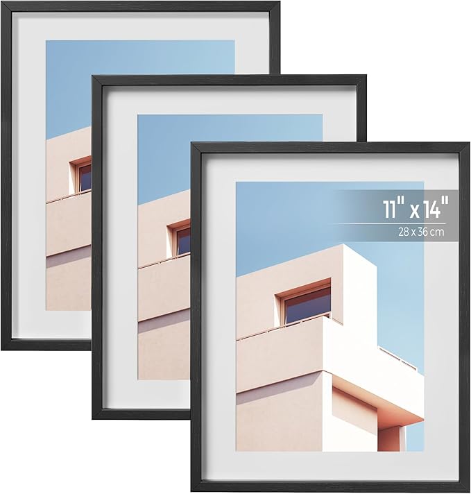 SONGMICS 11x14 Picture Frames Set of 3, Multi Photo Frame Set for Wall Gallery Decor with White Mats, Glass Front, Hanging or Tabletop Display, Black