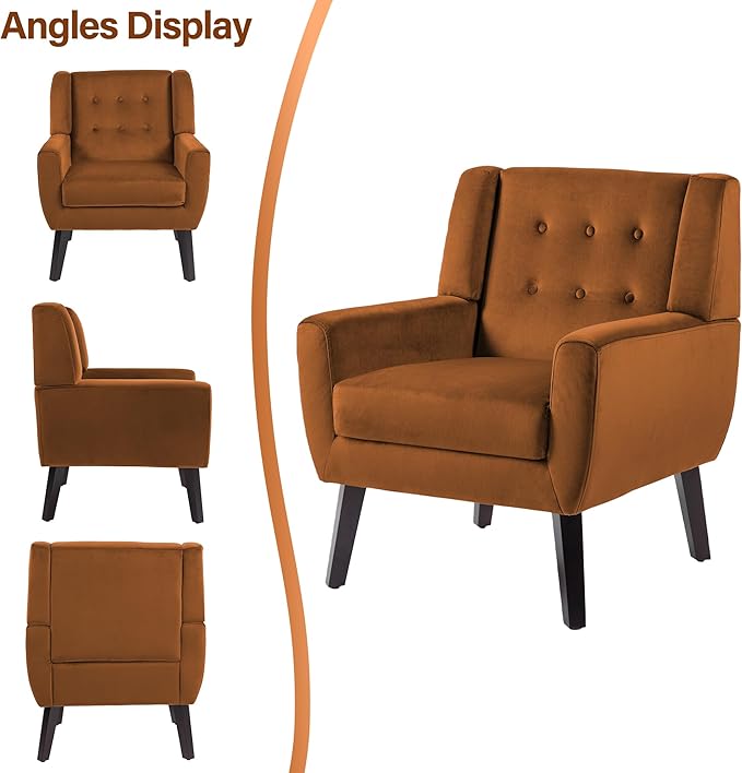 Lumibee Accent Chair, Modern Velevet Armchair for Living Room, Comfy Upholstered Arm Chair Tufted for Indoor Bedroom Office Room (Orange Velvet)