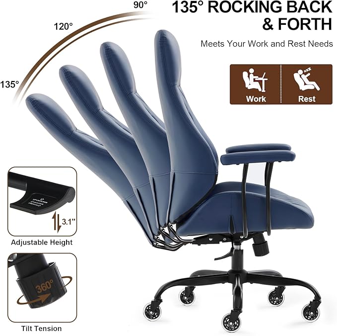 Home Office Desk Chair, Ergonomic High Back Leather Computer Chair with Lumbar Support, Adjustable Height & Recline, Swivel Executive Office Chair with Armrests and Rubber Casters, Blue
