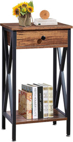 VECELO Tall Nightstand,27.6 inch Wooden End Table with Metal X-Frame,Side Table with Drawer and Storage Shelf for Living Room Bedroom Entryway Small Spaces