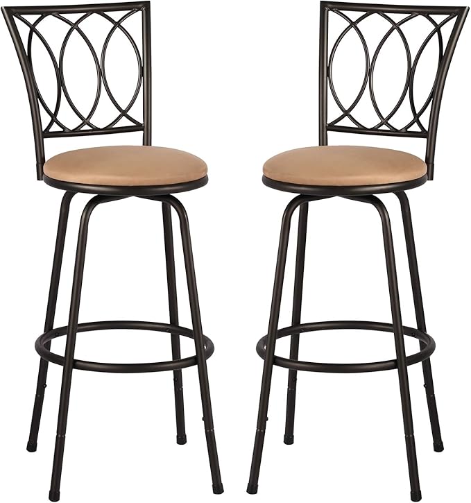 VECELO Adjustable Height Barstools 360 Degree Swivel Sturdy Steel Bistro Pub Chair/Comfortable Round Seat Cushions-Set of 2, Style B, Retro Brown