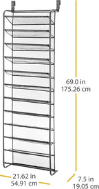 Whitmor 36 Pair Over The Door Shoe Rack, 12 Tier Hanging Shoe Organizer, Heavy Duty Metal & Mesh Shoe Holder, Hanging Shoe Rack for Closet Organizer & Storage, 69" L x 21.7" W x 7.5" H, Gunmetal Gray