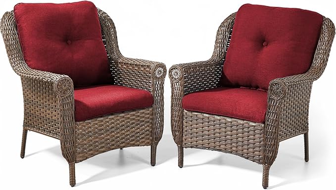 Patio Wicker Chairs Outdoor Furniture Chair - Set of 2 Outside All Weather Lawn Dining Brown Rattan Armchair with High Back&Deep Seating for Deck Porch Balcony Backyard Garden - Red