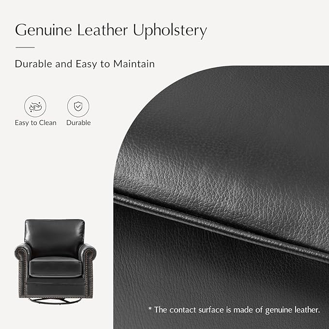 HULALA HOME Swivel Accent Chair Genuine Leather Barrel Rocker Chair with Metal Base Transitional Armchair Padded Round Armrest, Black