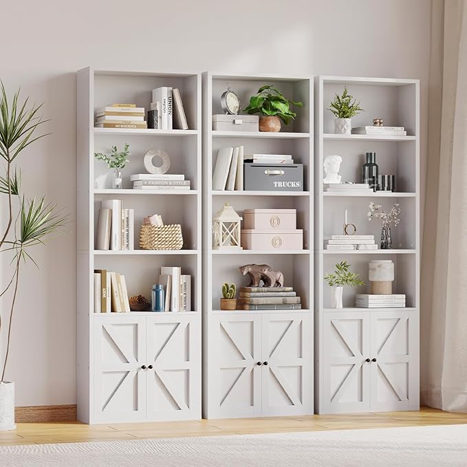 MXV 6 Tier 71" Tall Wooden Bookshelf&Bookcase with Doors, Storage Shelves Organizer, Floor Standing Modern Display Cabinet Shelves, Home Decor Furniture for Home Office, Living Room, Bedroom, White