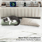 VINGLI Full Size Headboard Only, Adjustable Upholstered Headboard with 2 Tier Shelves and Pegboard with Charging Stations and LED Lights, Modern Bed Headboard with Storage for Bedroom Decor