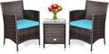 COSTWAY 3 PCS Patio Furniture Set, Outdoor Wicker Conversation Set with Tempered Glass Coffee Table, Seat Cushions, Rattan Wicker Chairs for Poolside Balcony Porch Backyard, Blue