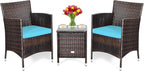 COSTWAY 3 PCS Patio Furniture Set, Outdoor Wicker Conversation Set with Tempered Glass Coffee Table, Seat Cushions, Rattan Wicker Chairs for Poolside Balcony Porch Backyard, Blue