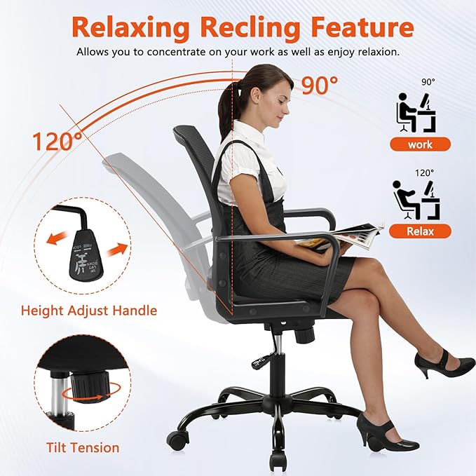 CLATINA Ergonomic Desk Chair, Mid Back Mesh Computer Chair with Lumbar Support and Armrest, Height Adjustable Swivel Chair for Home Office, Black (4PK)