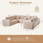 Weaxty Cloud Sectional Couch for Living Room, Oversized U Shaped Boneless Couches, Plush Corduroy Memory Foam Deep Seat Floor Sofa, No Assembly Required，Beige