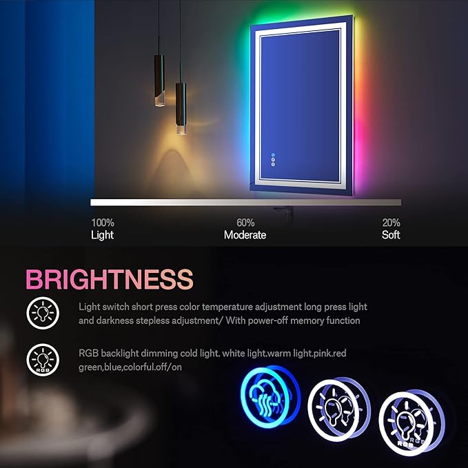 30x36 Inch RGB LED Bathroom Mirror with Lights, Color Changing RGB Backlit LED Mirror for Bathroom,Lighted Vanity Mirrors for Bathroom Wall, Dimmable, Anti-Fog (RGB Backlit+Front-Lit)