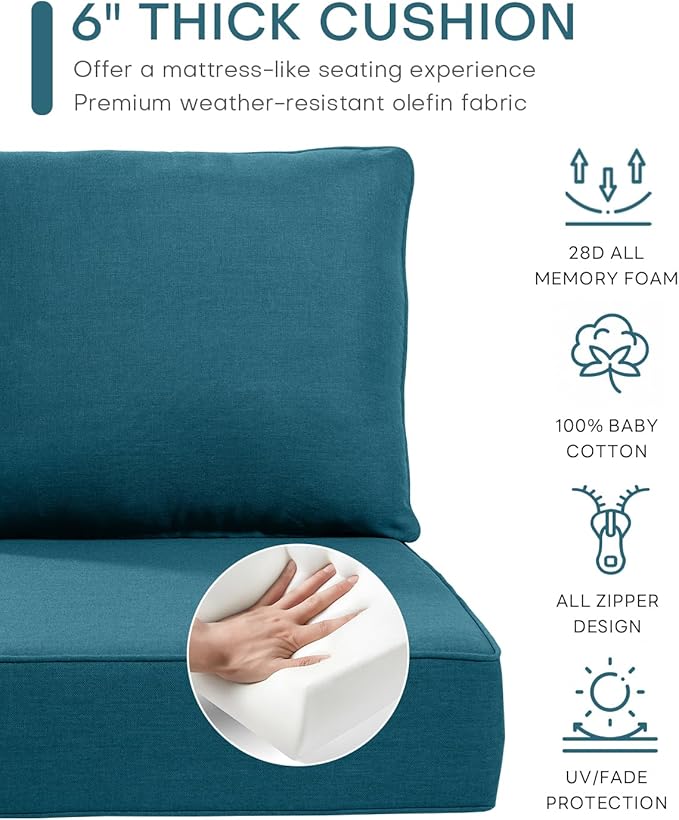 Luxury 24x24x6 Inch Outdoor Cushions for 5 Peice Patio Furniture Set - Set of 5 Water-Resistant Pillow for Dining Rocking Swivel Chairs Loveseat Couch Sectional Sofa - Peacock Blue