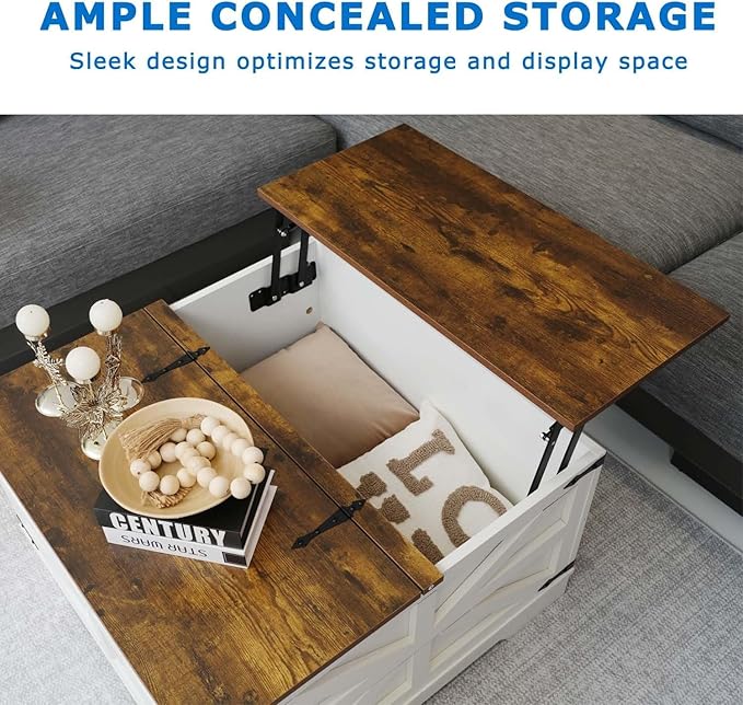 Farmhouse Coffee Table Set of 3, 1 Lift Top Coffee Table with Sliding Barn Doors and 2 End Tables with Charging Station, Living Room Table Set for Home Office, White