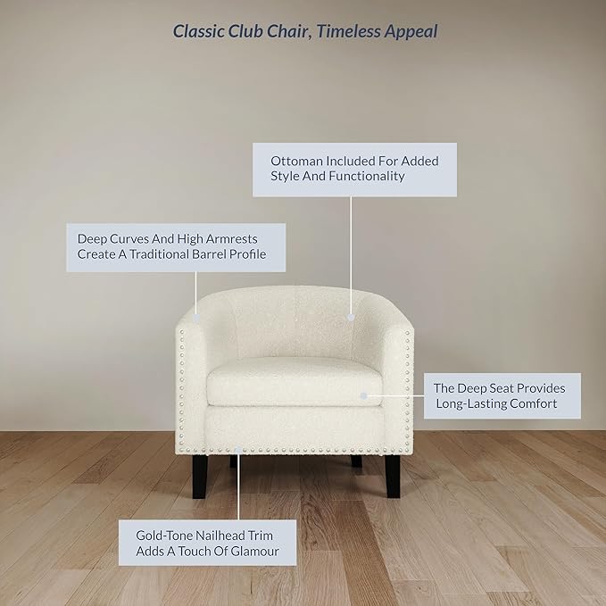 BELLEZE Accent Barrel Chairs Set of 2, Modern Tub Club Chairs Upholstered Armchairs for Living Room, Accent Chairs with Silver Nail Head Trim Black Legs - Kyara (White/Polyester)