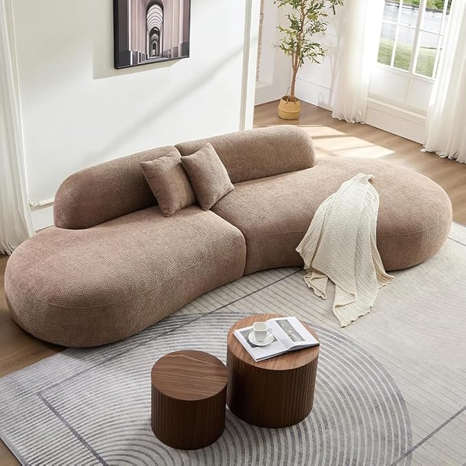 135.4" Curved Sofa Couch Modern Oversized 6-Seat Round Boucle Sectional Sofa Couch with Pillows for Living Room Apartment Furniture,No Assembly Needed(Camel+Right-Facing)