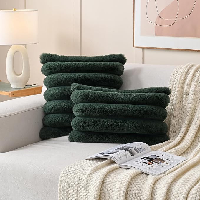 FUTEI Christmas Dark Green Decorative Throw Pillow Covers 12x20 Inch Set of 2, Square Soft Faux Rabbit Fur Thick Striped Lumbar Pillow Case,Winter Home Decor for Couch Bed Living Room