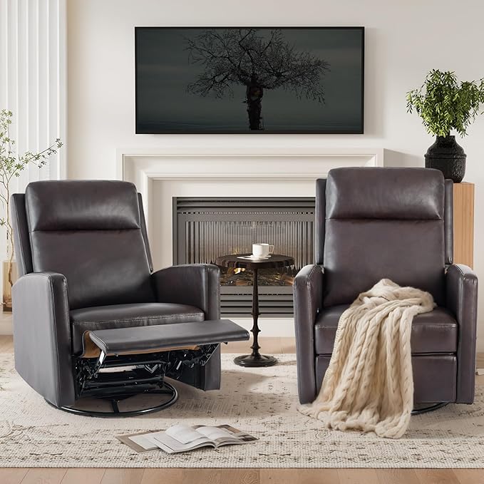 Swivel Rocking Recliner,Wide PU Leather Glider Sofa Chair with Ergonomic High Backrest for Bedroom,Living Room（Chocolate Brown）