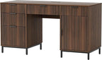55" Fluted Executive Desk, Modern Home Office Desk with Charging Station, Keyboard Tray, File Drawer, Storage Cabinet, Wood Computer Writing Desk for Work Study Writing, Browm