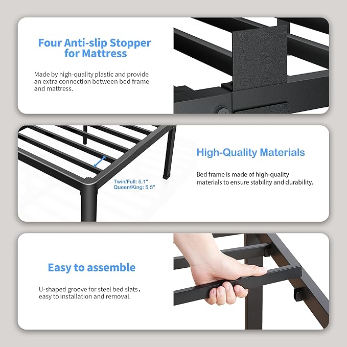 ROIL 12 inch California King Size Bed Frame Metal Platform No Box Spring Needed with Headboard Hole Round Corner Legs Mattress Retainers 3500LBS Heavy Duty Steel Slats Noise-Free Storage