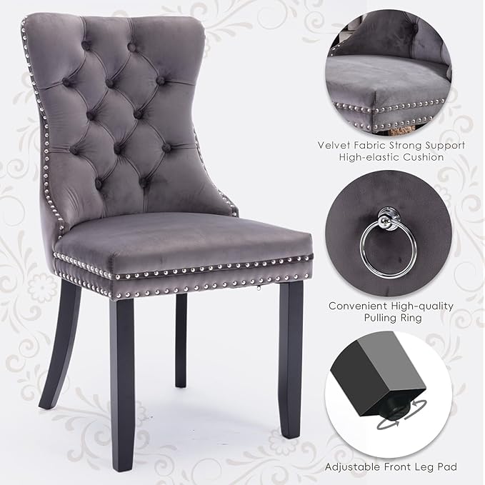Velvet Upholstered Dining Chairs Set of 6, Modern Style Kitchen Side Chairs with Nailhead Trim and Wood Legs,Metal Pulling Ring for Dining Room Living Room(Grey,Set of 6)