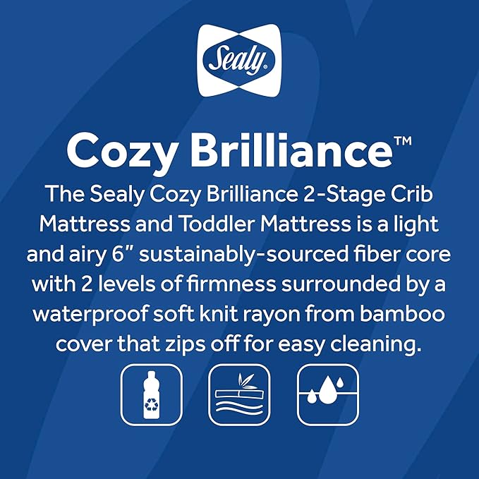 Sealy Baby Cozy Brilliance Breathable Crib Mattress, GREENGUARD GOLD Certified, Made in USA, Firm Dual Firmness, Toddler Bed Fit, Rayon, Waterproof, Non Toxic, Washable Zip Cover, 52” x 28