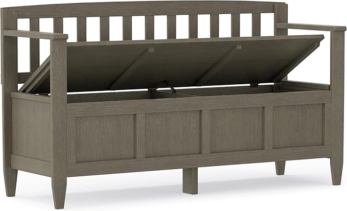 SIMPLIHOME Brooklyn Entryway Storage Bench - 48 inch Wide Solid Wood Storage Seat in Farmhouse Grey, Contemporary Bench for Entryway or Living Room with Lift-Up Lid and Slatted Backrest