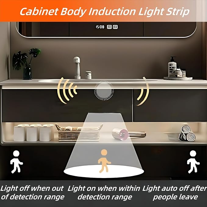 56IN Grey Bathroom Vanity Set - Floating Bathroom Vanity with Single Sink | Including LED Smart Defogging Mirror Cabinet & Time Display Function, Equipped with Motion Sensing Light Strip (Style B)